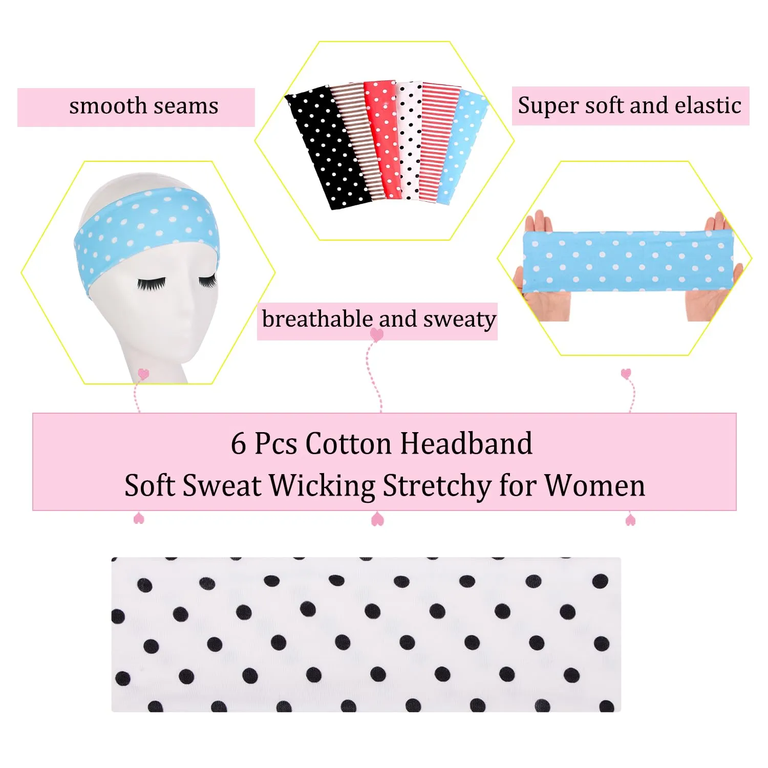 Leeven 6 Pack Headbands for Women Non Slip Soft Elastic Floral Hairbands Soft Fabric Stripe Head Bands for Girls Heart Headbands