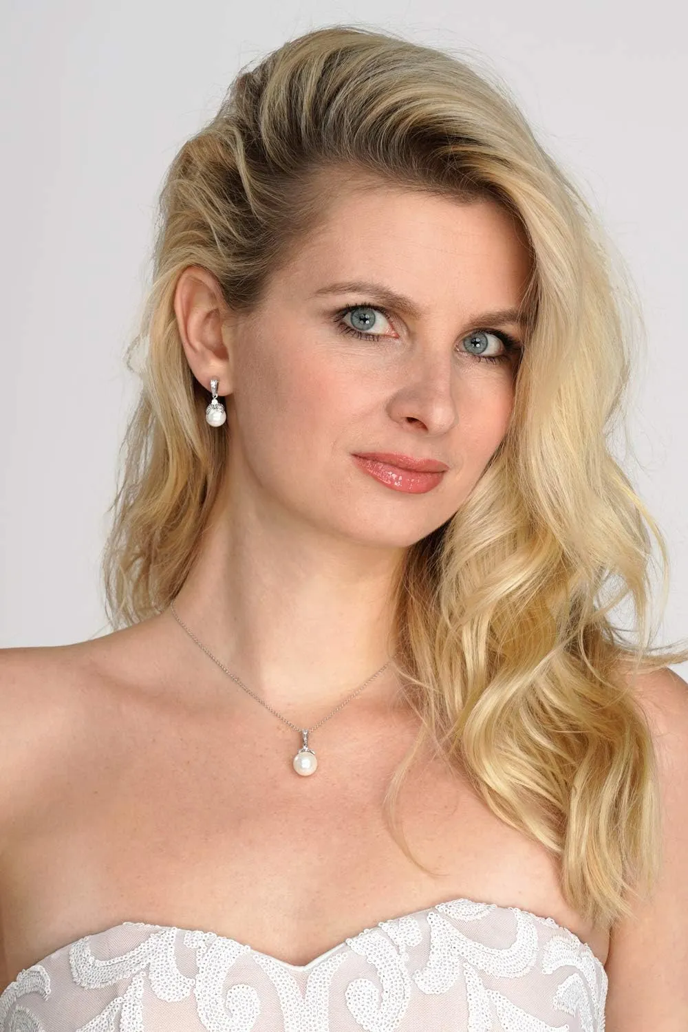 Mariell Pearl Drop Bridal Necklace Earrings Set with CZ Crystals for Bride, Bridesmaid, Birthday Gift