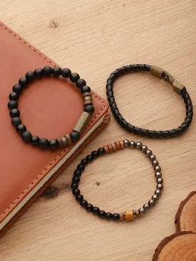 Men Pack Of 3 Grey And Black Elasticated Semi Precious Beaded Bracelet