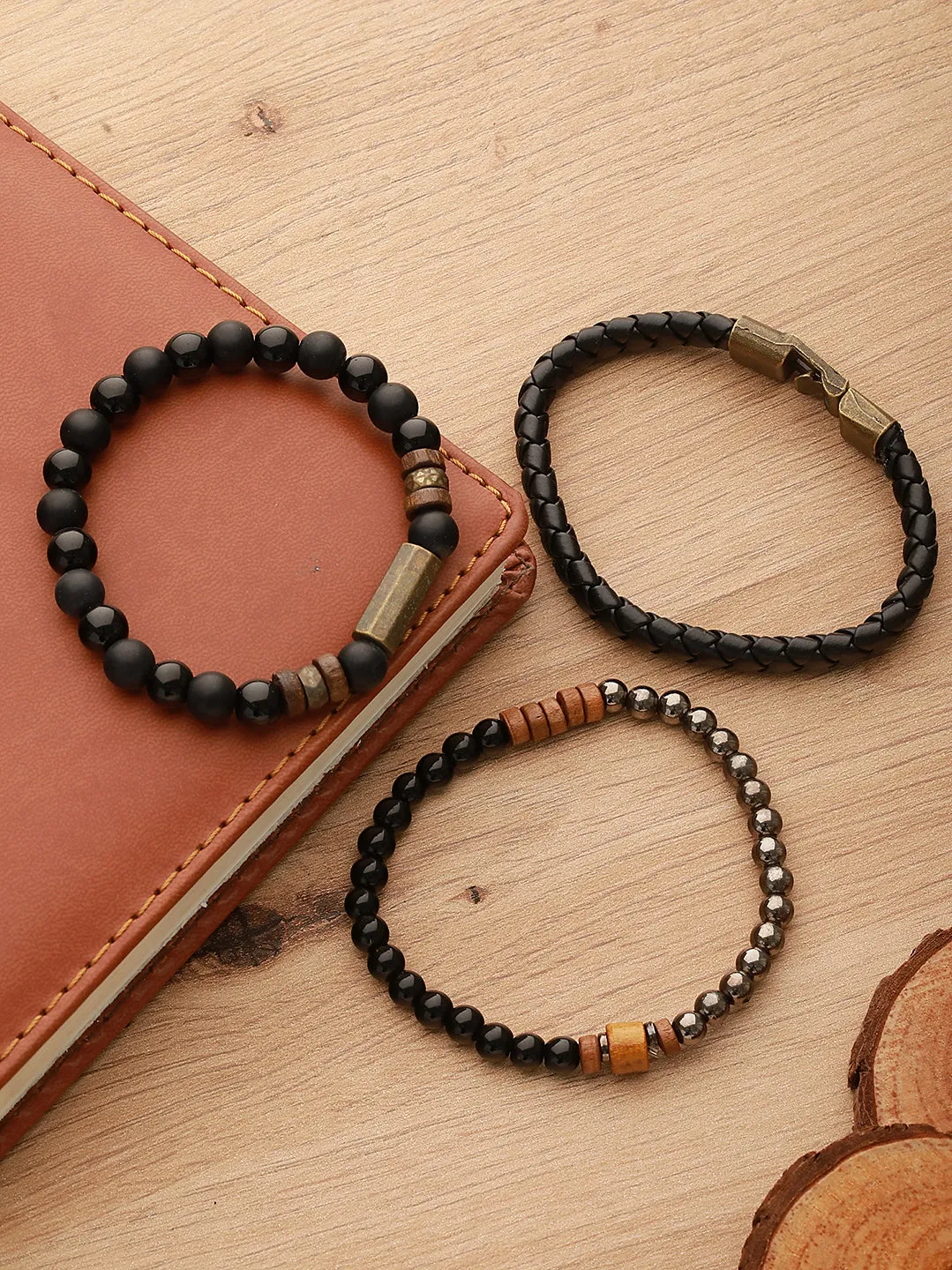 Men Pack Of 3 Grey And Black Elasticated Semi Precious Beaded Bracelet