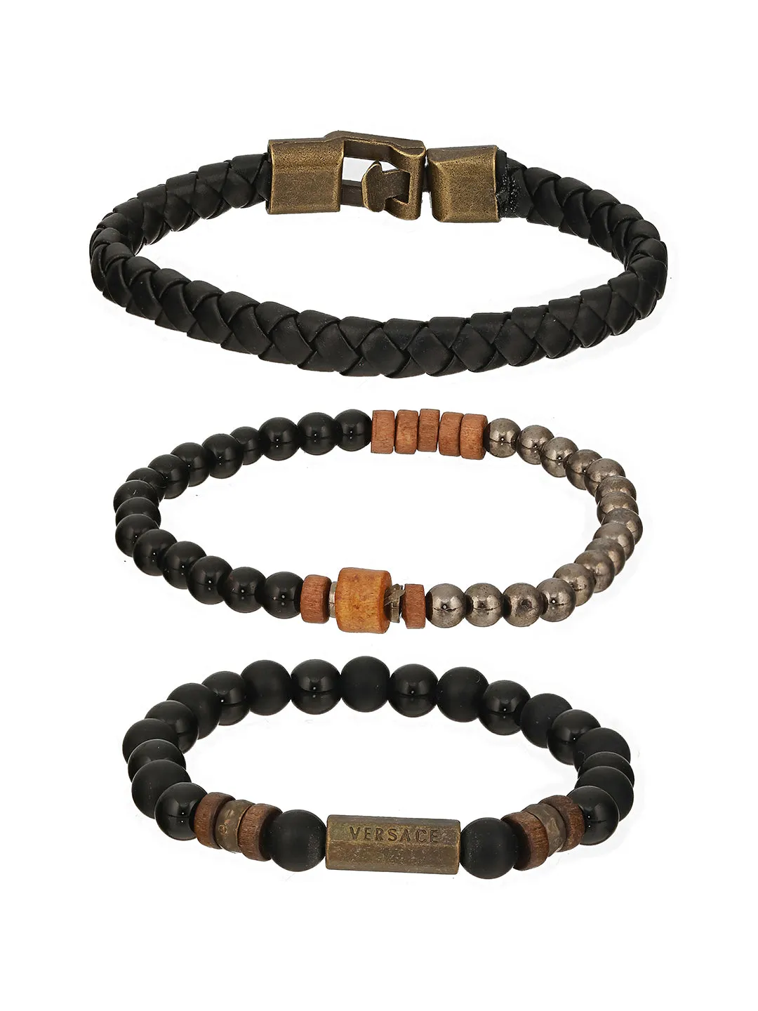 Men Pack Of 3 Grey And Black Elasticated Semi Precious Beaded Bracelet