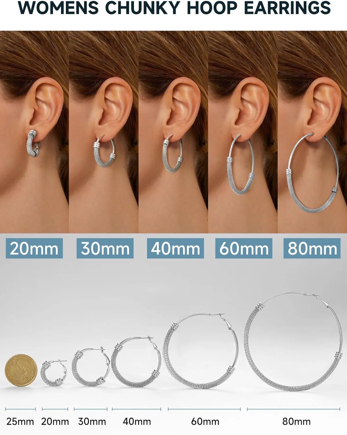 PROSTEEL Chunky Hoop Earrings For Women, 20mm/30mm/40mm/60mm/80mm/100mm, Gold Plated/Black Stainless Steel Hoops Earrings Statement Jewelry