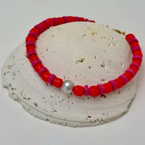 red and pink beads with silver pearl bracelet