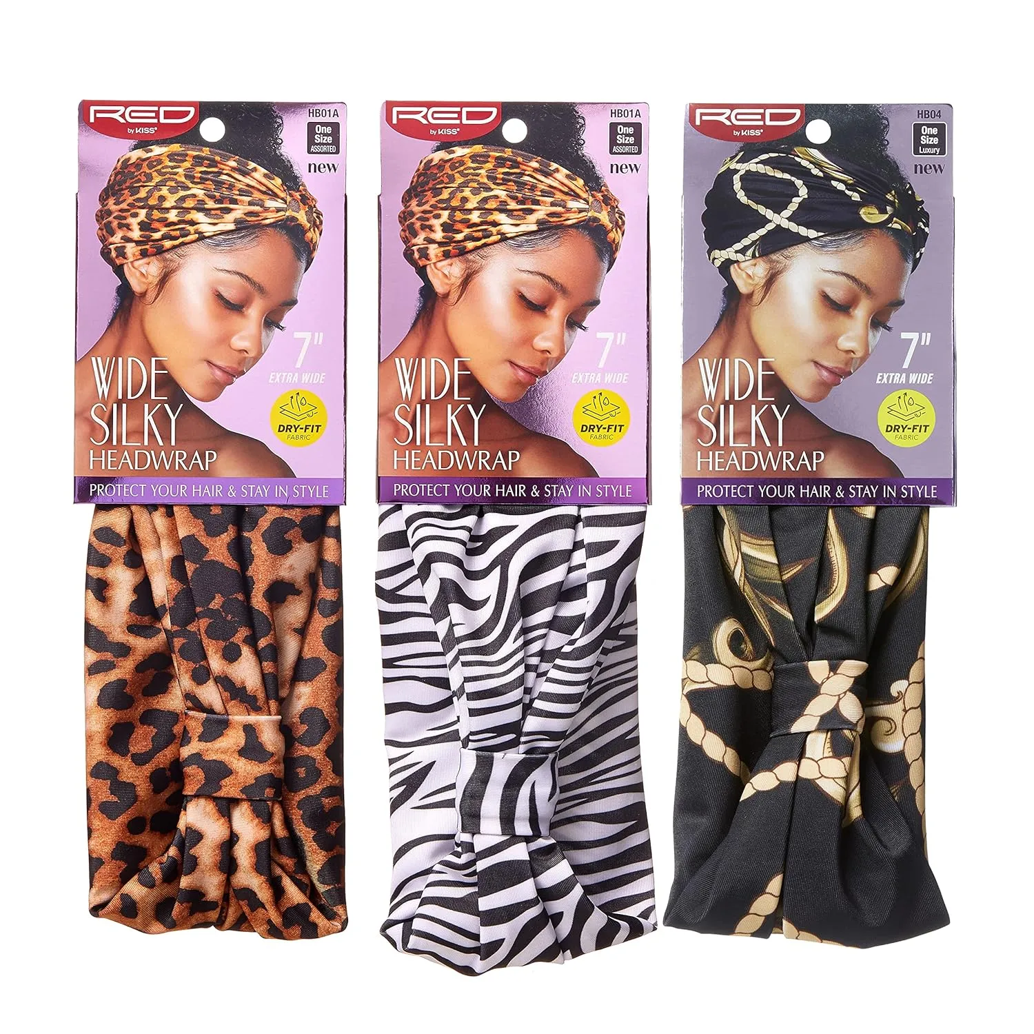 Red by Kiss Wide Silky Headwrap 7" Extra Wide Turban Headbands 3 PACK (Leopard, Zebra, Luxury)