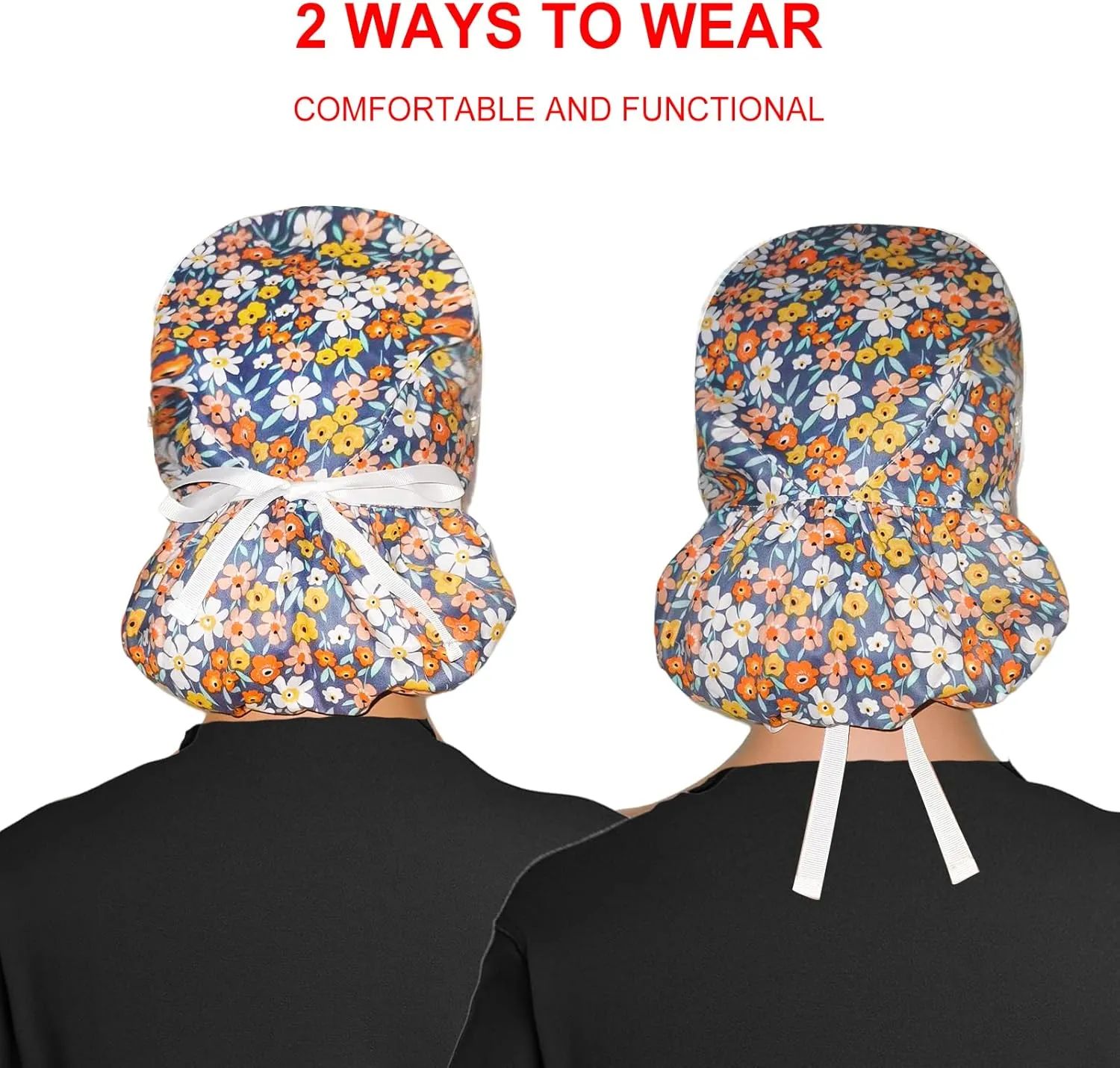 Scrub Cap with Buttons - Cotton Hat with Sweatband, Adjustable Tie Back for Ponytail (Randomly Paired with Hair Ring)