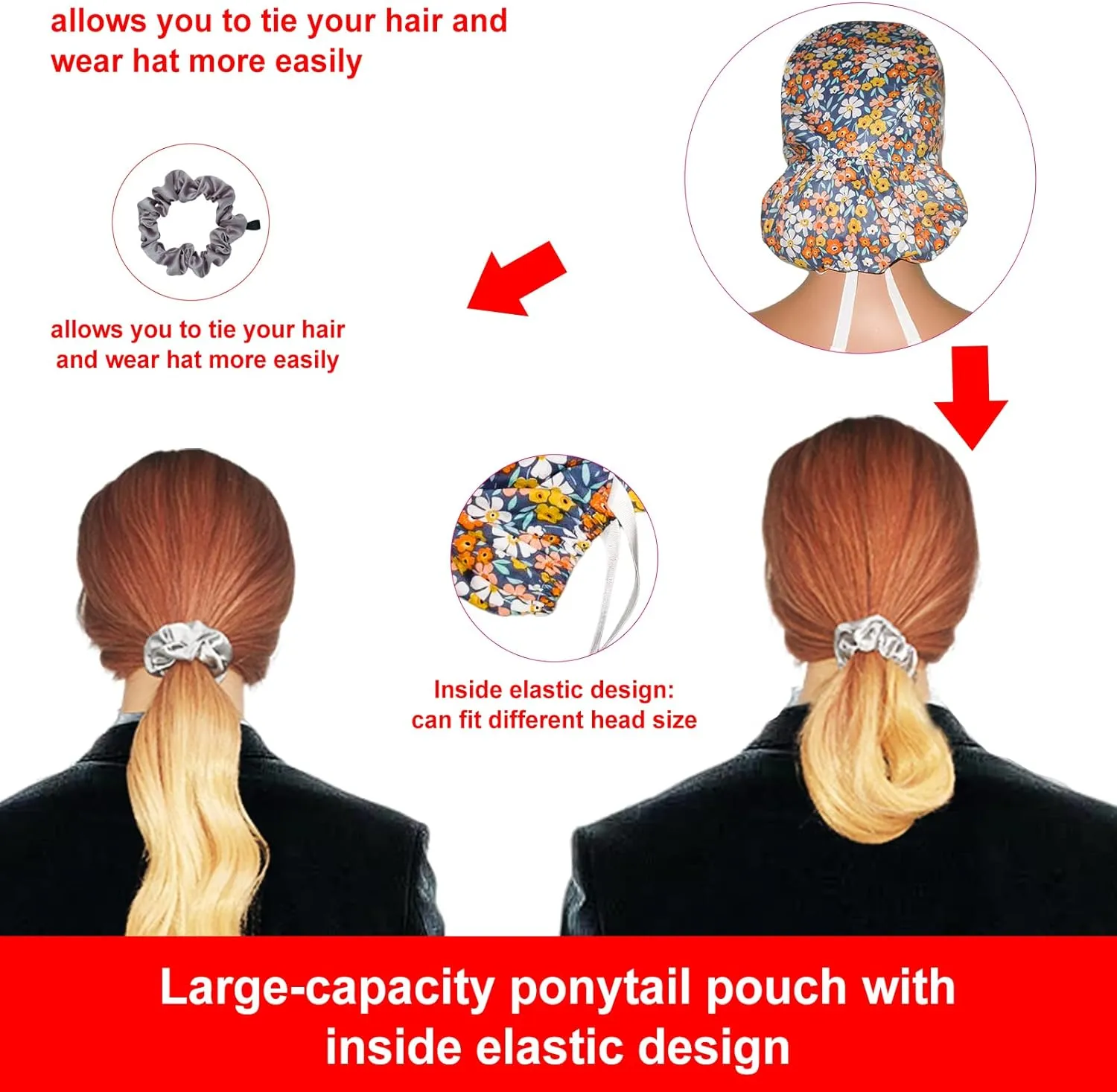 Scrub Cap with Buttons - Cotton Hat with Sweatband, Adjustable Tie Back for Ponytail (Randomly Paired with Hair Ring)