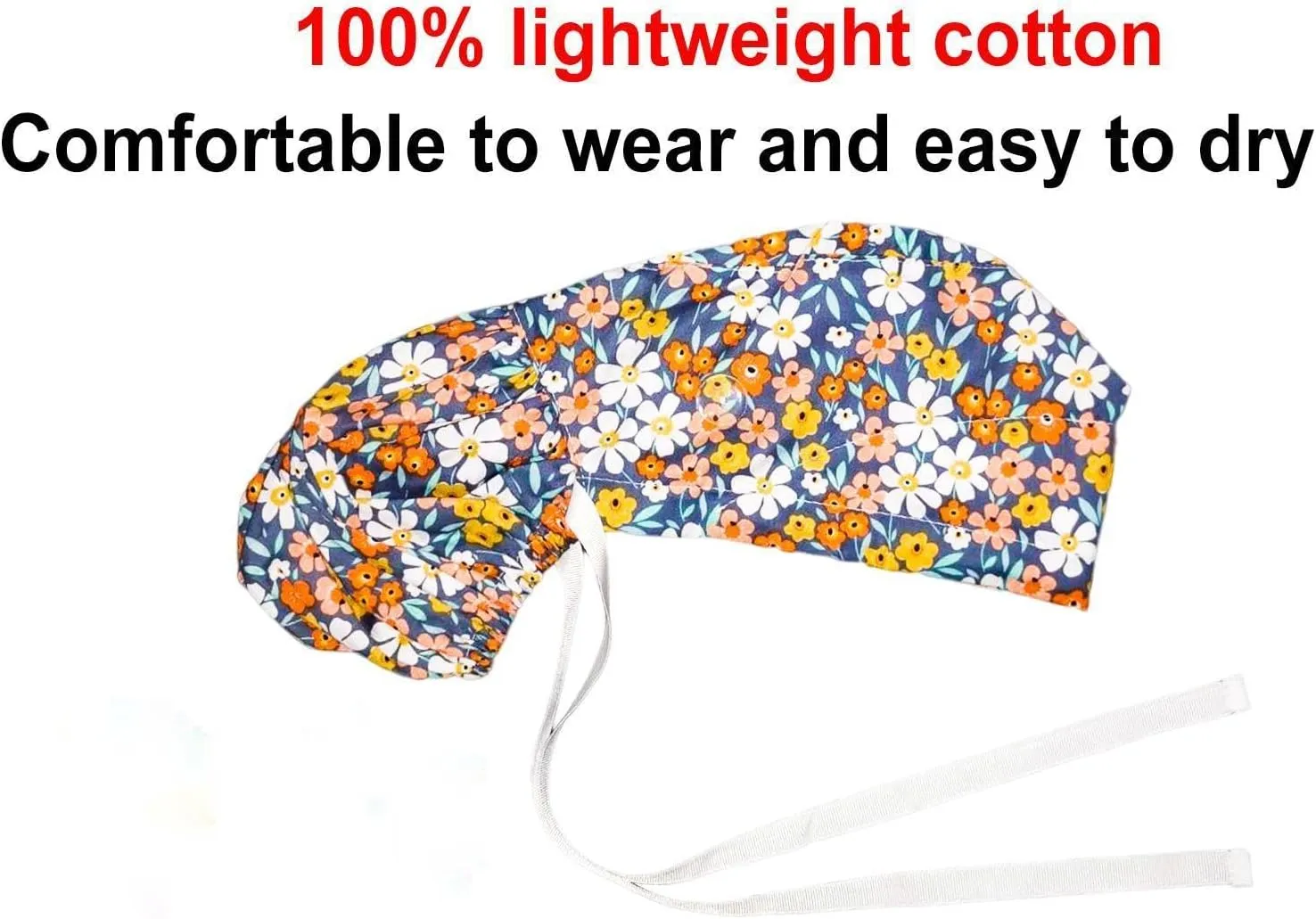 Scrub Cap with Buttons - Cotton Hat with Sweatband, Adjustable Tie Back for Ponytail (Randomly Paired with Hair Ring)