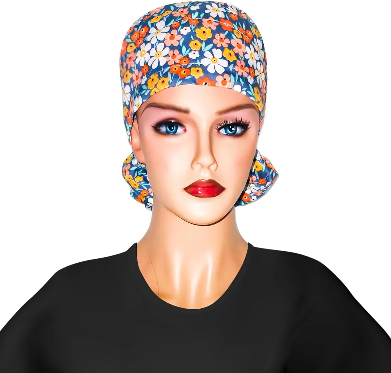 Scrub Cap with Buttons - Cotton Hat with Sweatband, Adjustable Tie Back for Ponytail (Randomly Paired with Hair Ring)