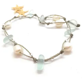 Sea Glass Bracelet or Ankle Wrap with Mint Green Glass and Freshwater Pearls, Beachy Boho Jewelry for Women, 11" Wrap