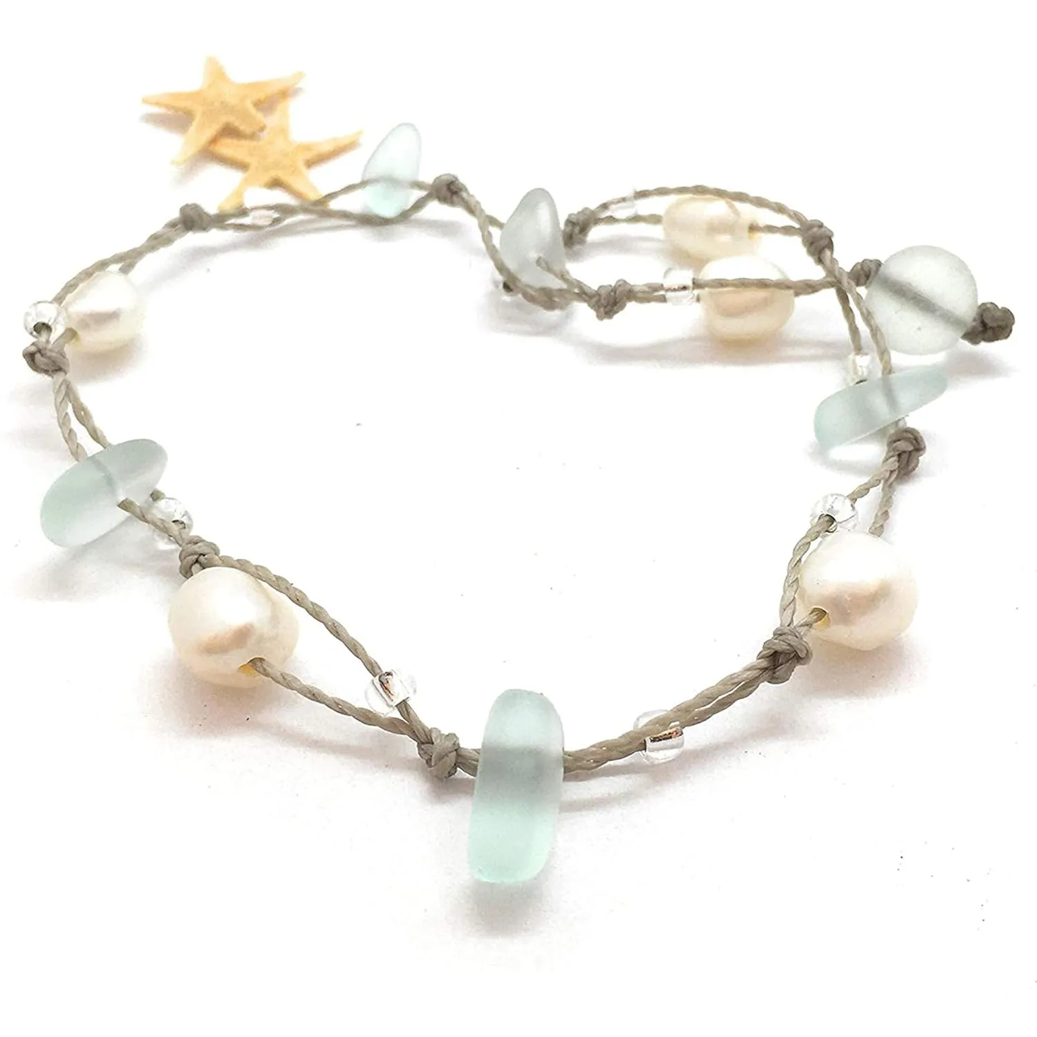 Sea Glass Bracelet or Ankle Wrap with Mint Green Glass and Freshwater Pearls, Beachy Boho Jewelry for Women, 11" Wrap