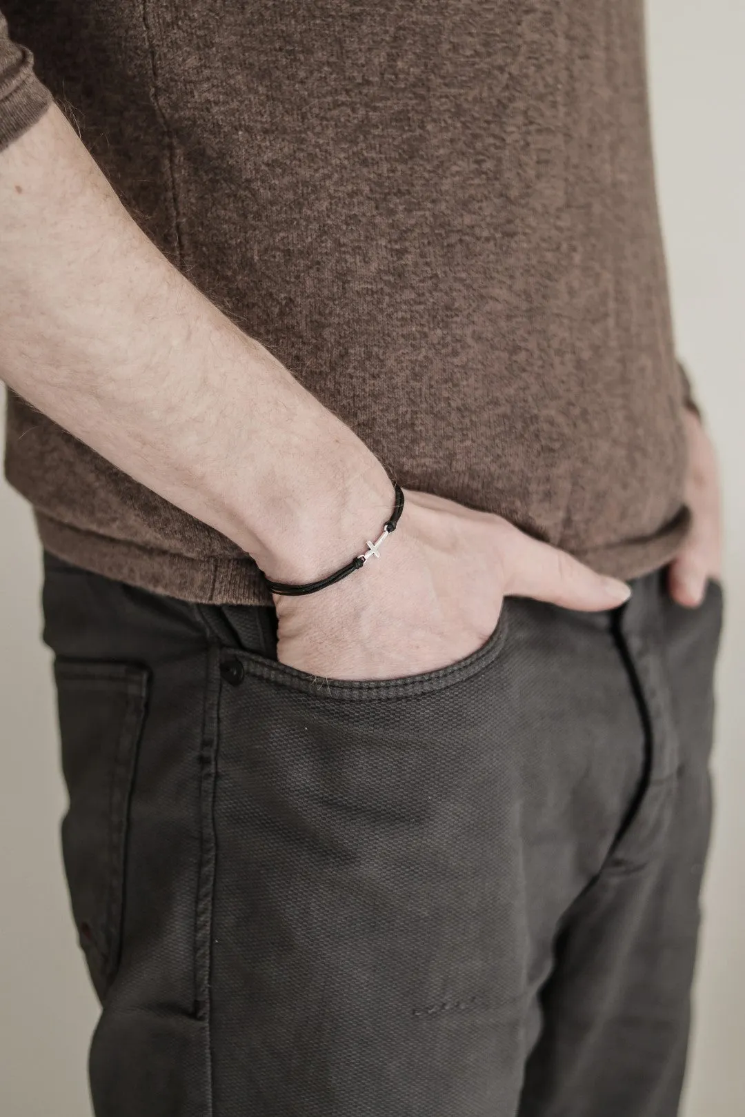 Silver cross bracelet for men, black double cord, handmade Christian gift for him
