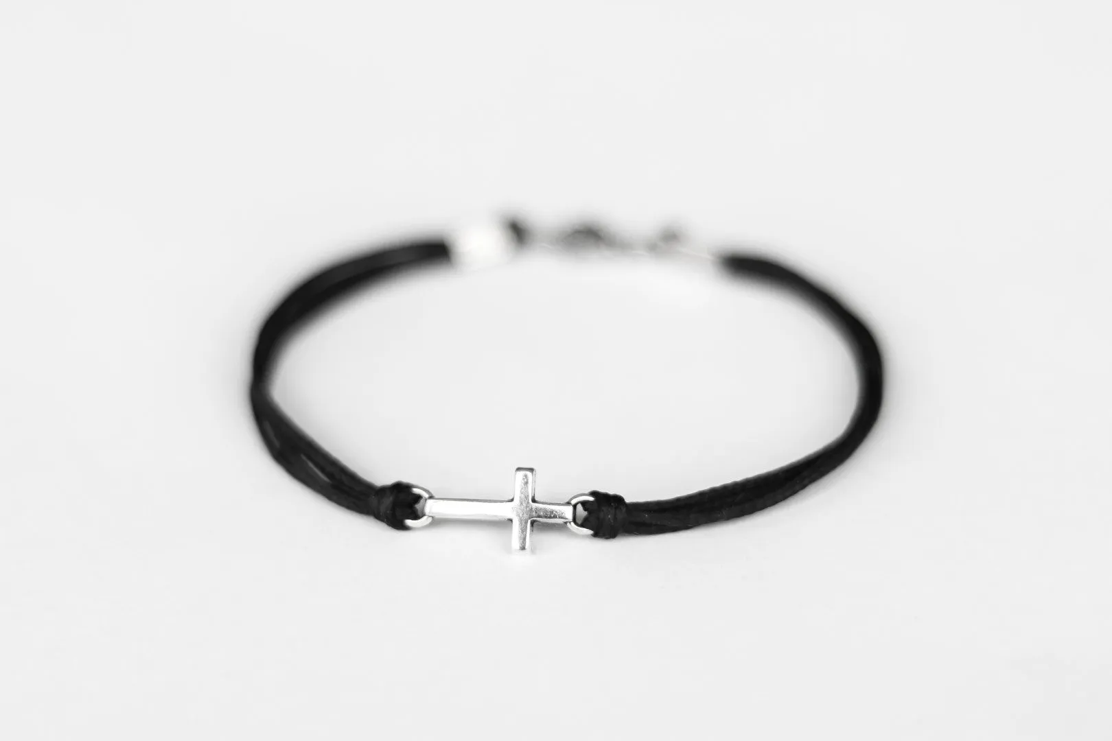 Silver cross bracelet for men, black double cord, handmade Christian gift for him
