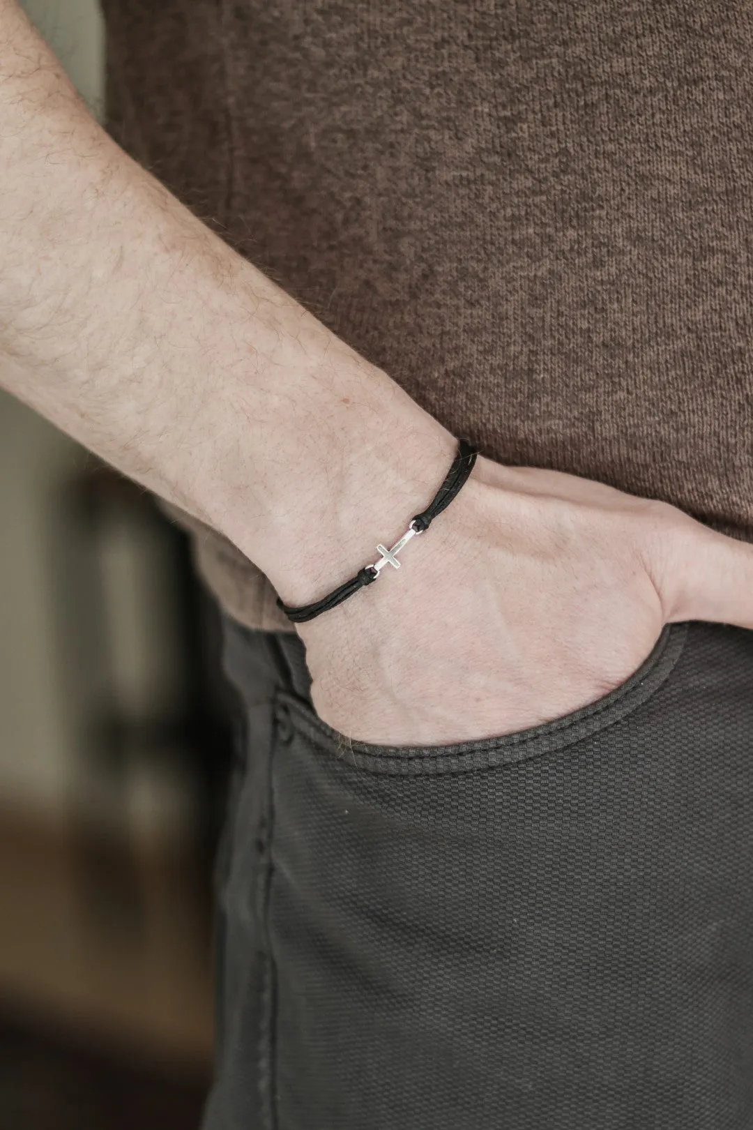 Silver cross bracelet for men, black double cord, handmade Christian gift for him
