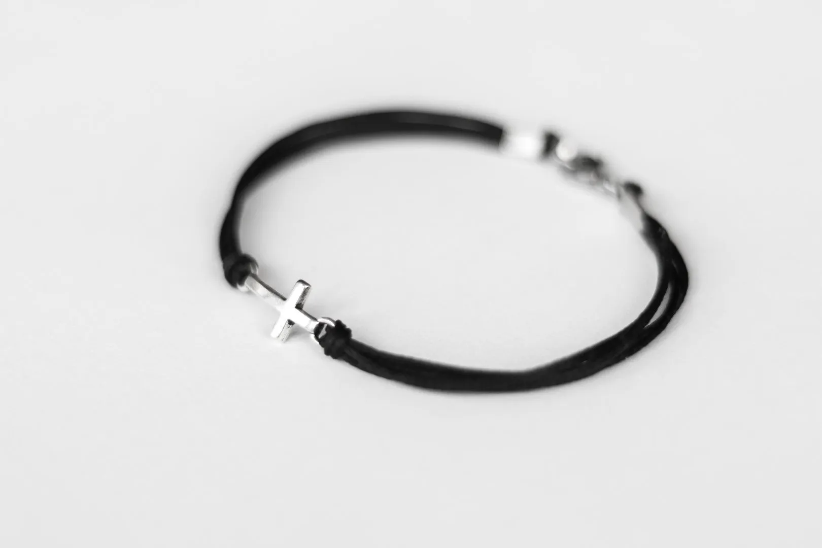 Silver cross bracelet for men, black double cord, handmade Christian gift for him