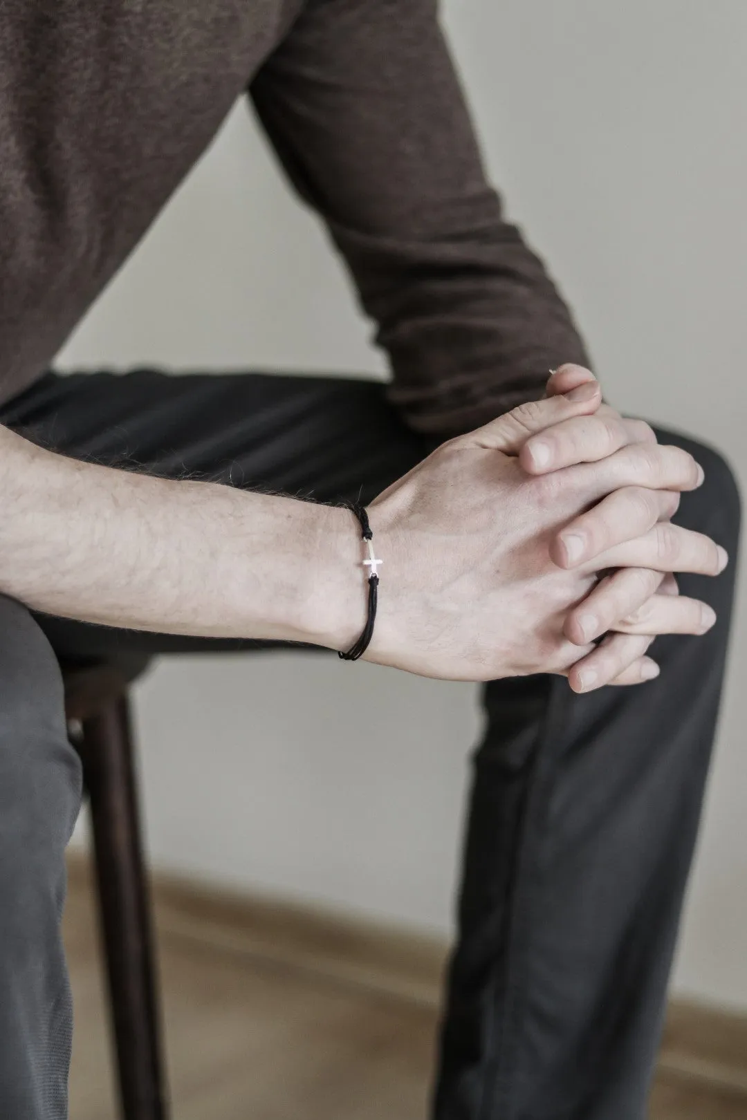 Silver cross bracelet for men, black double cord, handmade Christian gift for him