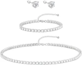 Silver Jewelry Set Tennis Necklaces for Women Sterling Silver Wedding Jewelry Sets for Brides Rhinestone Choker Necklace and Earring Set Bridal Prom Jewelry Set Accessories