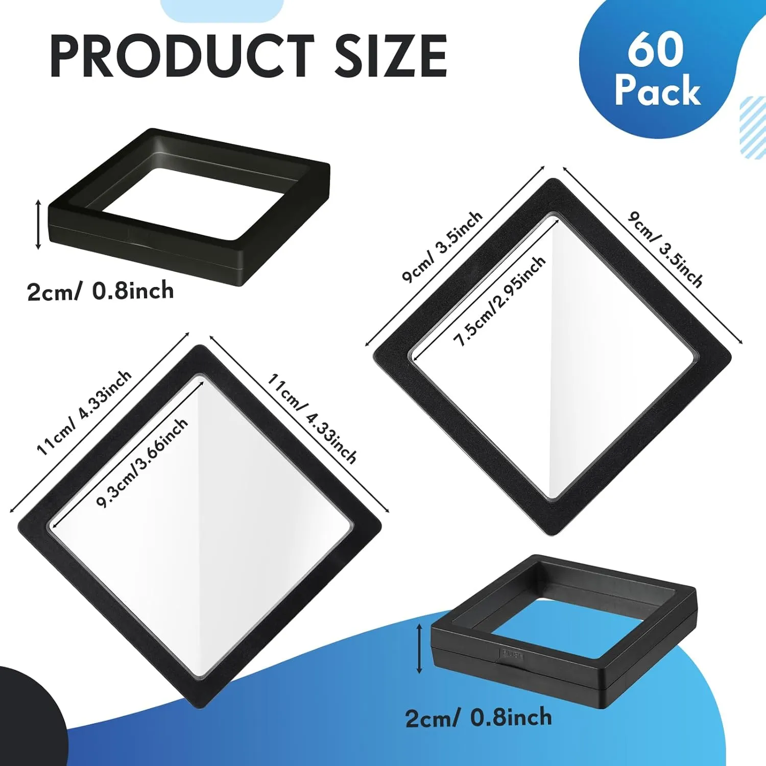 Soaoo 60 Pcs Floating Frame Display Stand Transparent Plastic 3D Floating Frame Clear PE Film Jewelry Box Coin Display Case for Medallion Shells