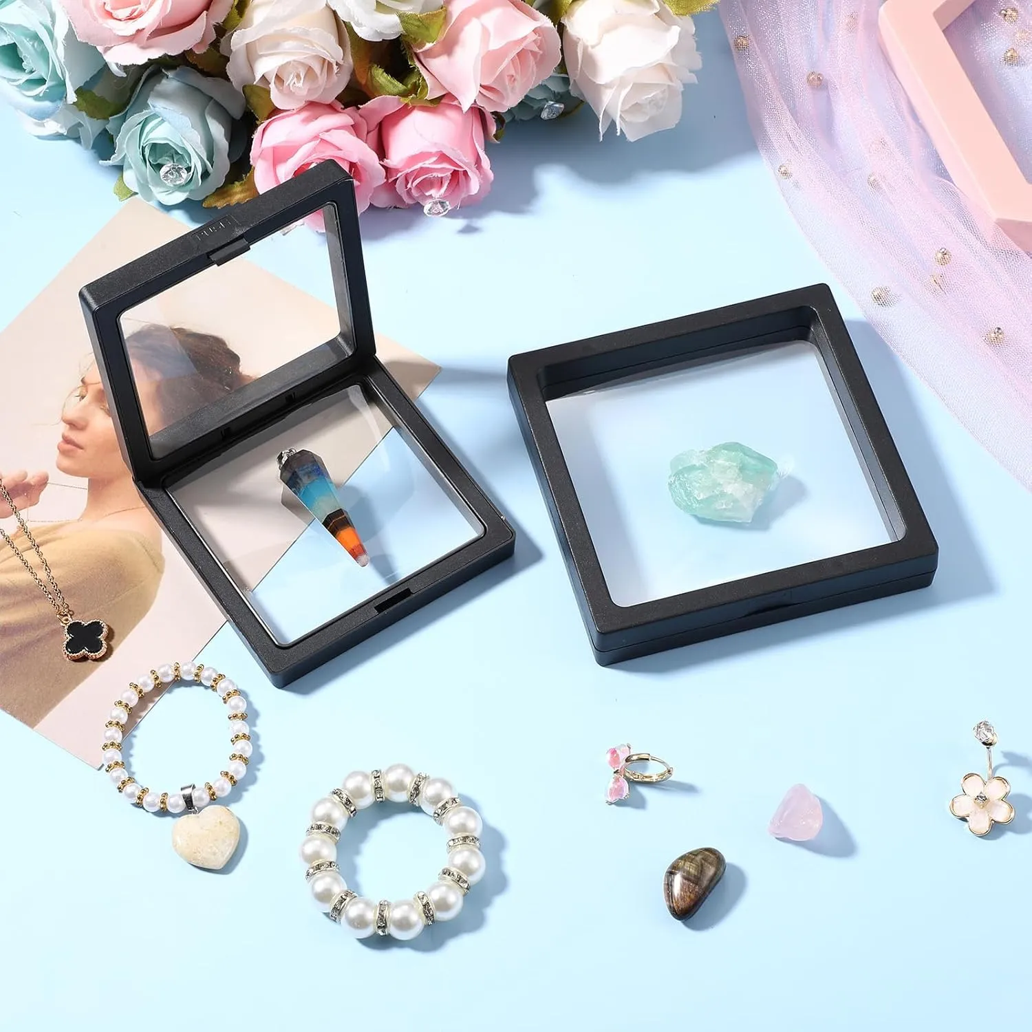 Soaoo 60 Pcs Floating Frame Display Stand Transparent Plastic 3D Floating Frame Clear PE Film Jewelry Box Coin Display Case for Medallion Shells
