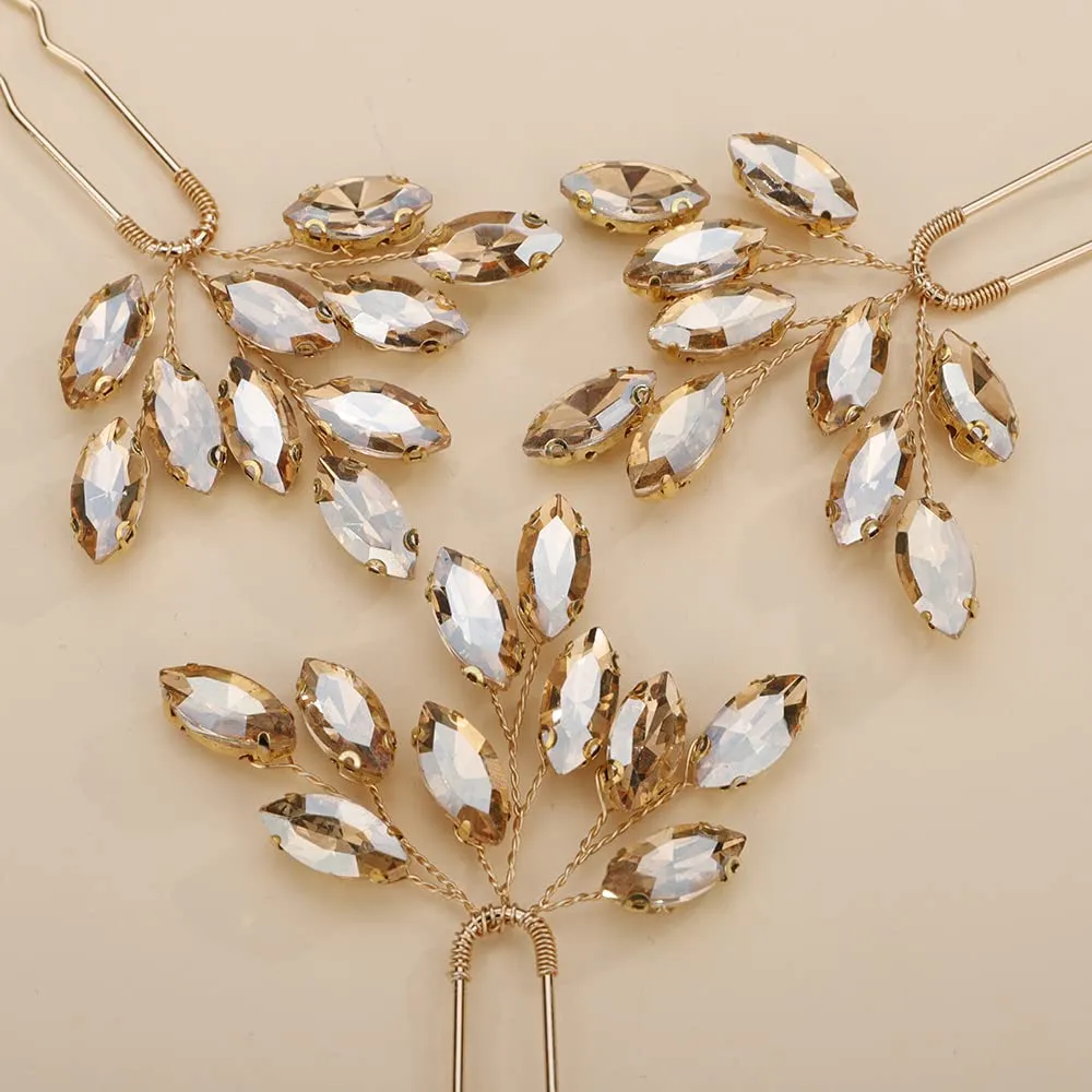 Teyglen 3pcs Bridal Crystal Hair Pins Rhinestones Hair Pieces Simple Crystal Wedding Hair Accessories Handmade Hair Pins for Women Bride Girls (Champagne)