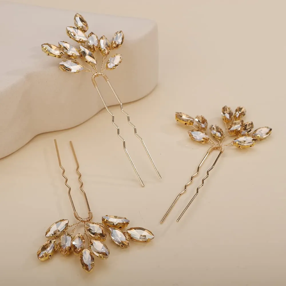 Teyglen 3pcs Bridal Crystal Hair Pins Rhinestones Hair Pieces Simple Crystal Wedding Hair Accessories Handmade Hair Pins for Women Bride Girls (Champagne)