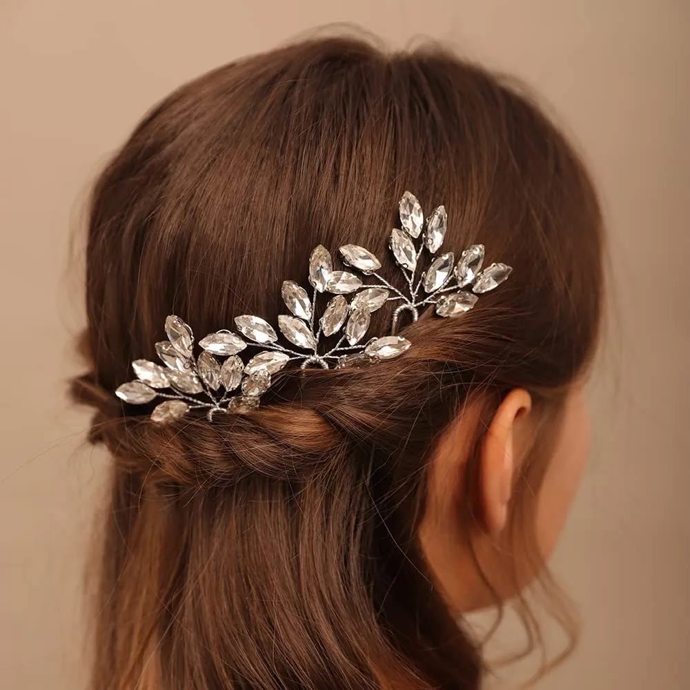 Teyglen 3pcs Bridal Crystal Hair Pins Rhinestones Hair Pieces Simple Crystal Wedding Hair Accessories Handmade Hair Pins for Women Bride Girls (Champagne)