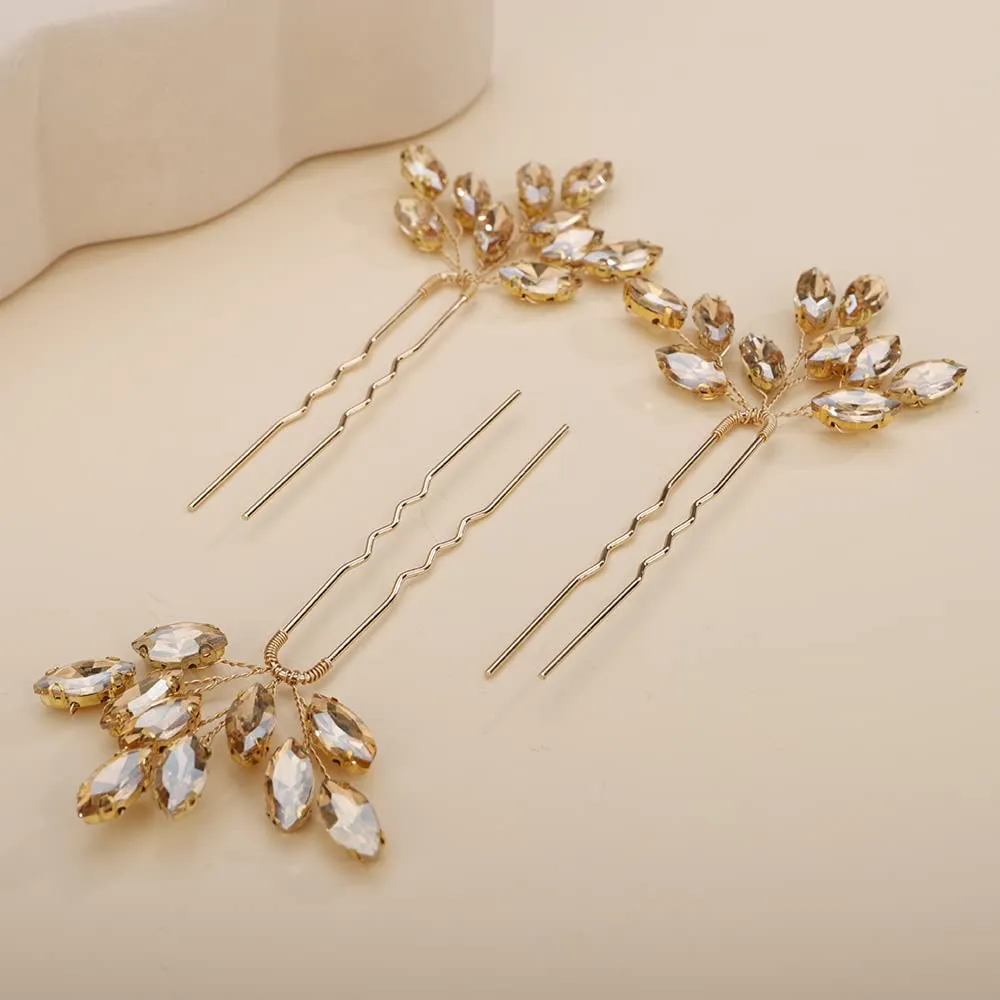 Teyglen 3pcs Bridal Crystal Hair Pins Rhinestones Hair Pieces Simple Crystal Wedding Hair Accessories Handmade Hair Pins for Women Bride Girls (Champagne)