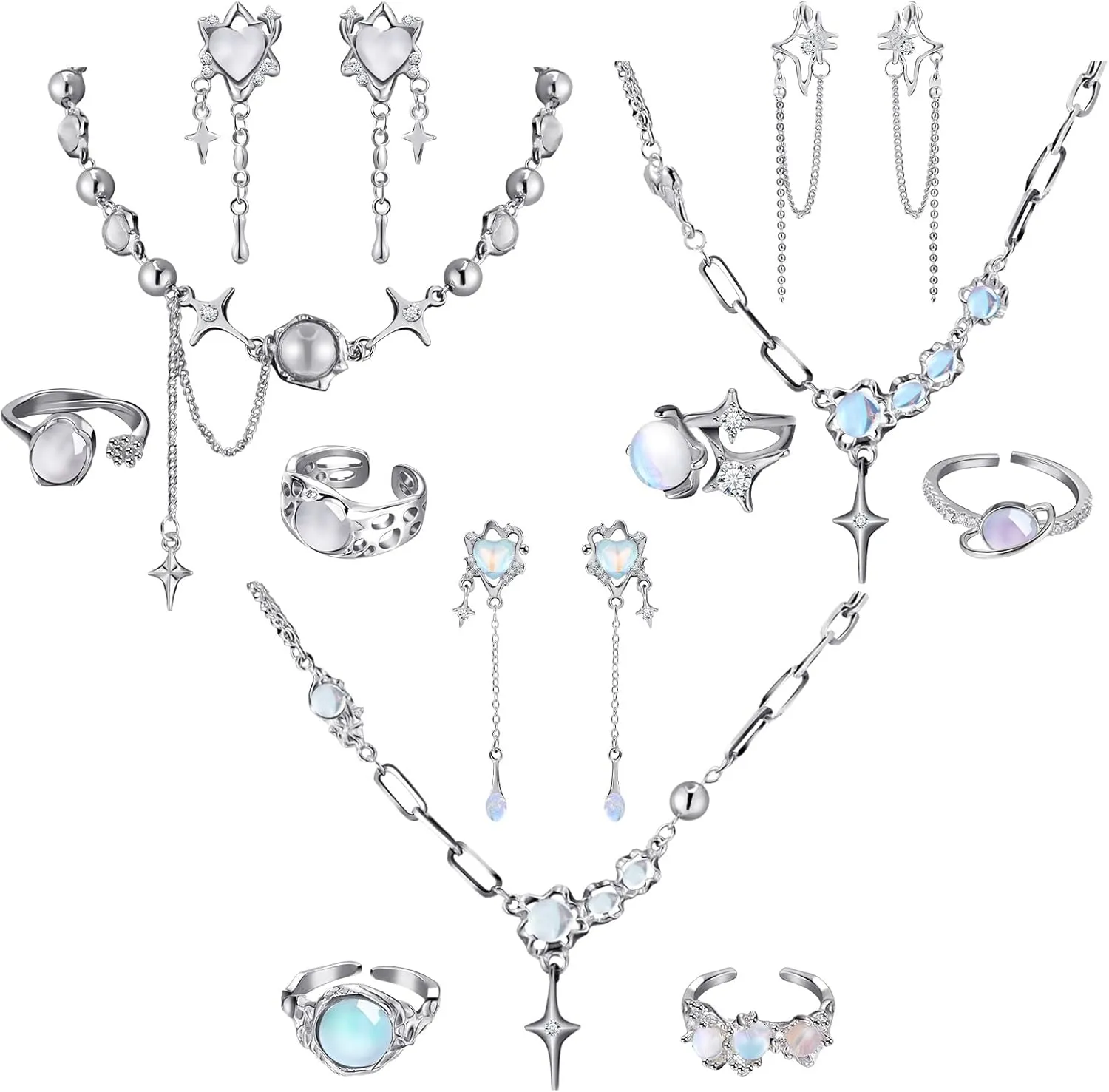 Tondiamo 12 Pcs Y2k Necklace Jewelry Set Y2k Star Moonstone Accessories Irregular Pendant Earrings Dangling Silver Rings Aesthetic Crystal Jewelry Gifts Indie Punk Rings Adjustable for Women