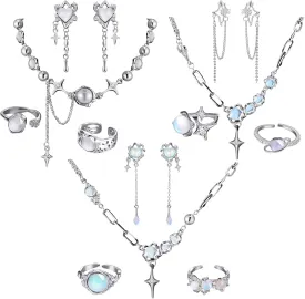 Tondiamo 12 Pcs Y2k Necklace Jewelry Set Y2k Star Moonstone Accessories Irregular Pendant Earrings Dangling Silver Rings Aesthetic Crystal Jewelry Gifts Indie Punk Rings Adjustable for Women