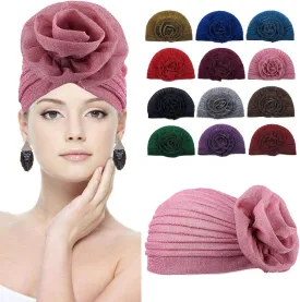 Women Big Flower Headwrap Turban Shining Beanie Bonnet Cap Chemo Cap