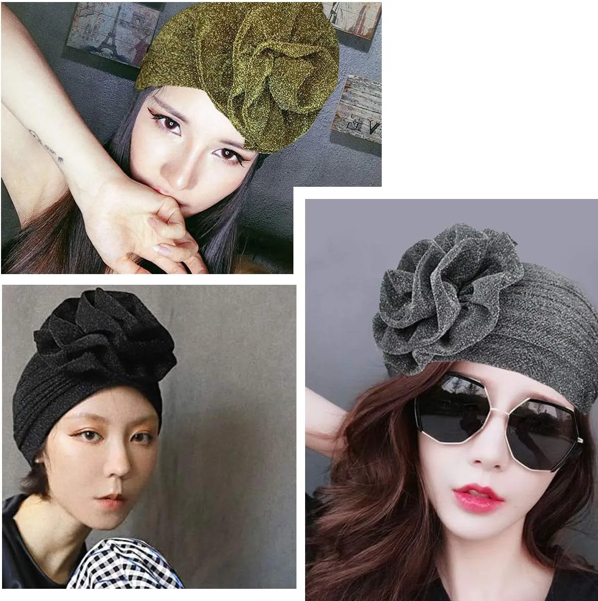 Women Big Flower Headwrap Turban Shining Beanie Bonnet Cap Chemo Cap