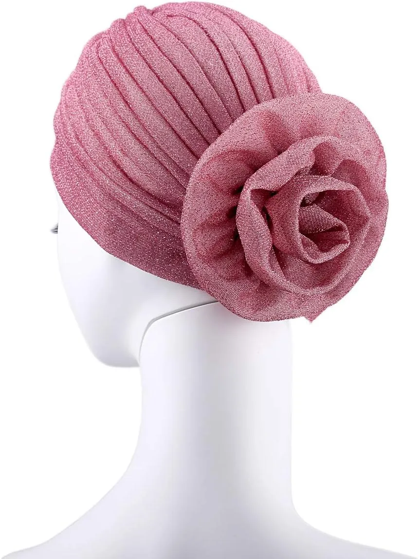 Women Big Flower Headwrap Turban Shining Beanie Bonnet Cap Chemo Cap