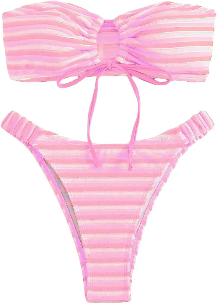 Women's Striped Printed Bandeau Bathing Suit High Waisted Swimsuit Bikini Set