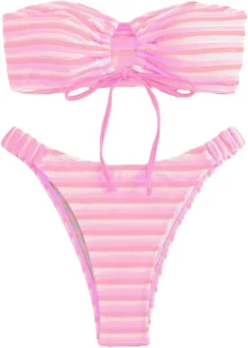 Women's Striped Printed Bandeau Bathing Suit High Waisted Swimsuit Bikini Set
