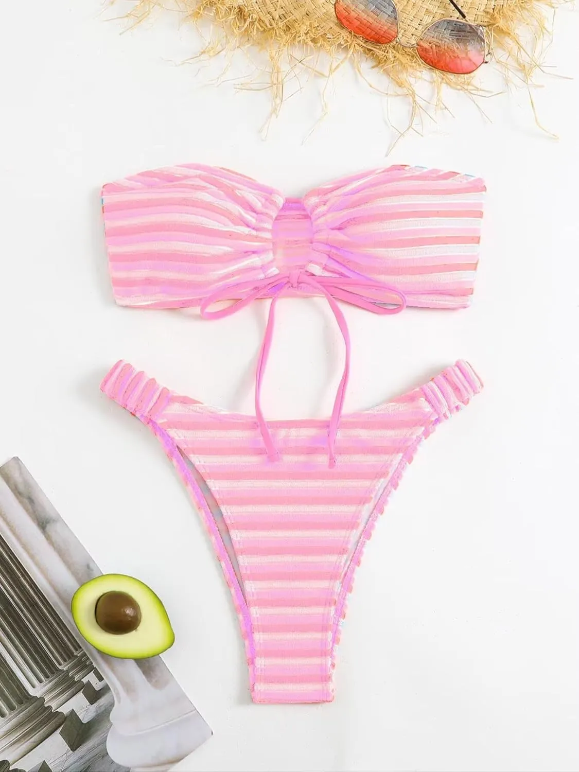 Women's Striped Printed Bandeau Bathing Suit High Waisted Swimsuit Bikini Set