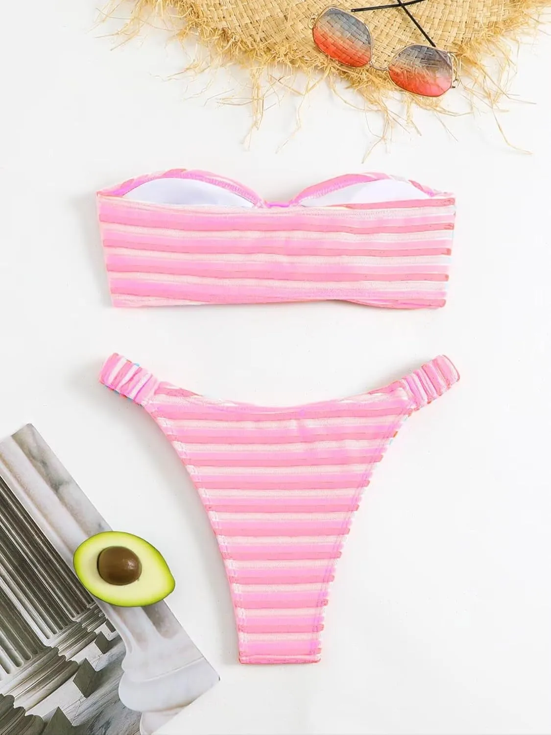 Women's Striped Printed Bandeau Bathing Suit High Waisted Swimsuit Bikini Set
