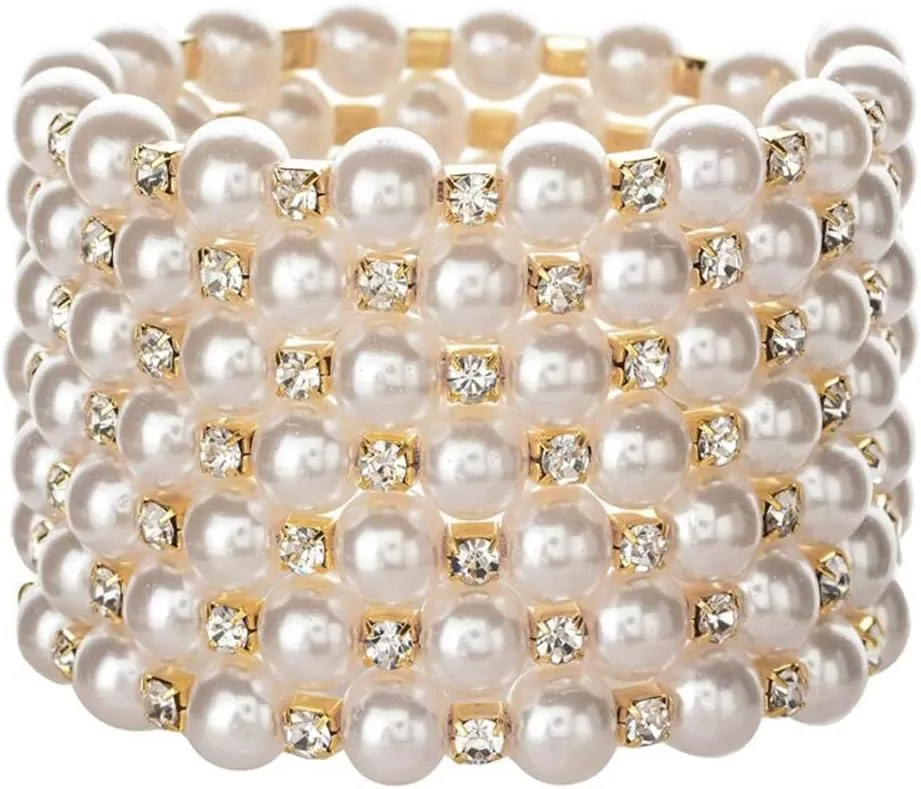 Xerling Multi Row Pearl Bracelets Bling Rhinestones Gold Wrist Bangle Bracelets for Women Layered Stretch Elastic Hand Chain Bracelets for 1920s Costume (7 Row-Gold)