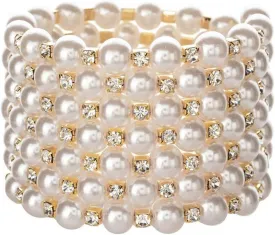 Xerling Multi Row Pearl Bracelets Bling Rhinestones Gold Wrist Bangle Bracelets for Women Layered Stretch Elastic Hand Chain Bracelets for 1920s Costume (7 Row-Gold)